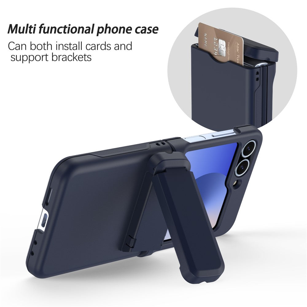 For Samsung Galaxy Z Flip7 FE 5G / Z Flip6 5G Case Spring Hinge Kickstand PC Folding Phone Cover with Card Slot - Navy Blue