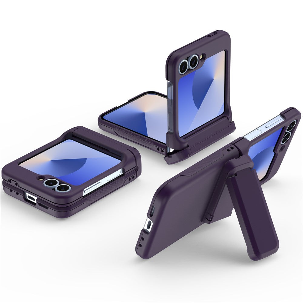 For Samsung Galaxy Z Flip7 FE 5G / Z Flip6 5G Case Spring Hinge Kickstand PC Folding Phone Cover with Card Slot - Dark Purple