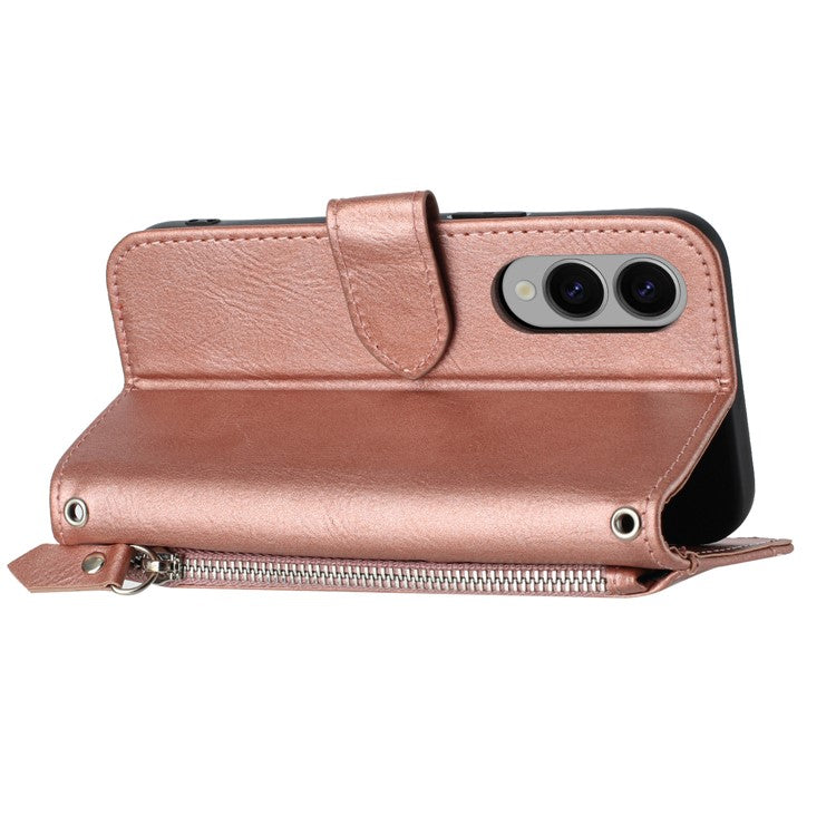 For Samsung Galaxy S25 Edge Case Zipper Pocket Leather Phone Cover with Crossbody Shoulder Strap - Rose Gold