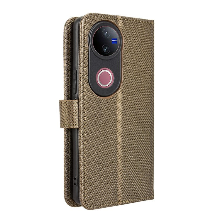For vivo V50 5G Case PU Leather Diamond Texture Wallet Phone Cover - Brown