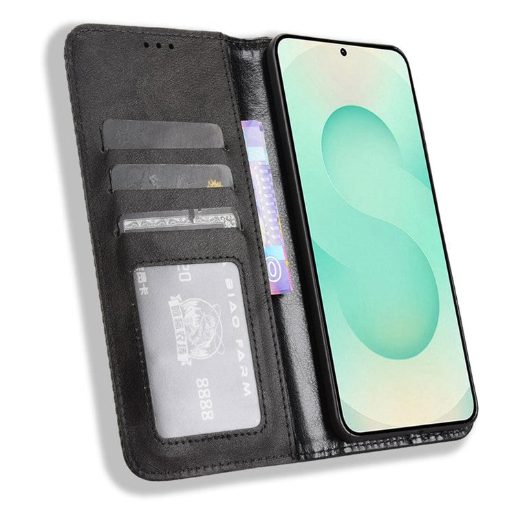 For Samsung Galaxy S25 Edge Case Wallet Stand Retro Texture Leather Phone Cover - Black