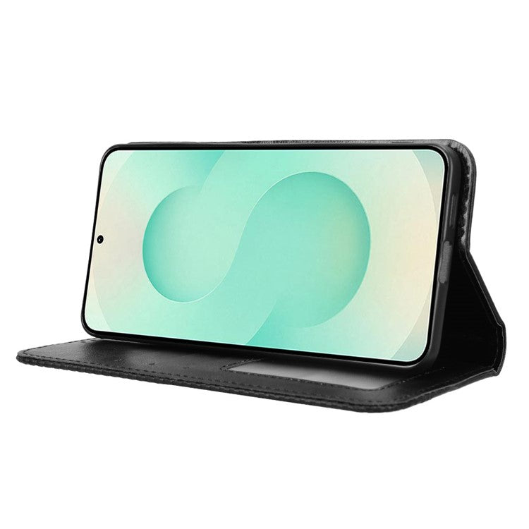 For Samsung Galaxy S25 Edge Case Wallet Stand Retro Texture Leather Phone Cover - Black