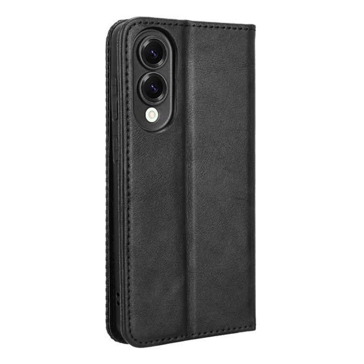 For Samsung Galaxy S25 Edge Case Wallet Stand Retro Texture Leather Phone Cover - Black