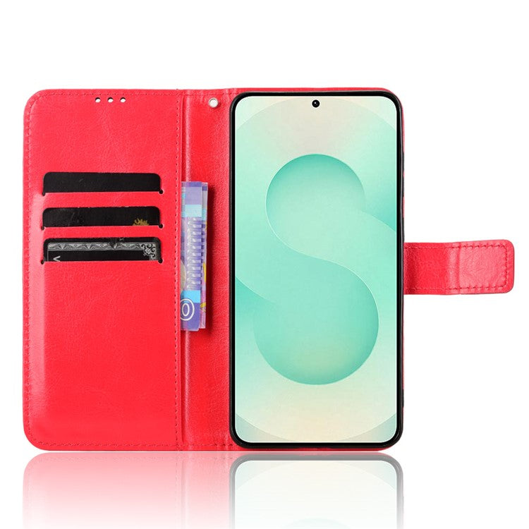 For Samsung Galaxy S25 Edge Case Crazy Horse Texture PU Leather Phone Wallet Cover - Red