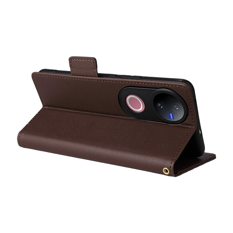 For vivo V50 5G Case Wallet Flip Litchi Texture PU Leather Phone Cover - Brown