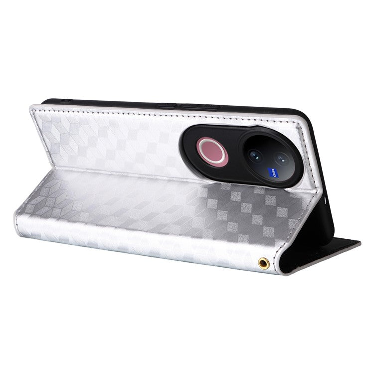 For vivo V50 5G Case Wallet Rhombus Imprinted Leather Phone Cover - Silver