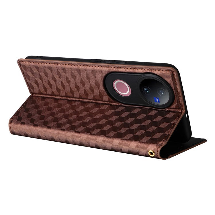 For vivo V50 5G Case Wallet Rhombus Imprinted Leather Phone Cover - Brown