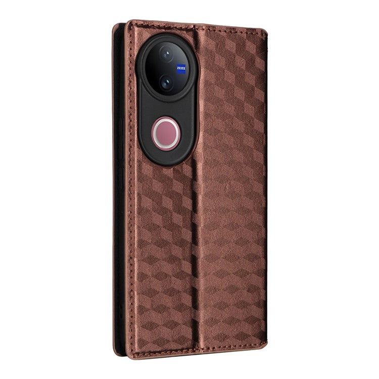 For vivo V50 5G Case Wallet Rhombus Imprinted Leather Phone Cover - Brown