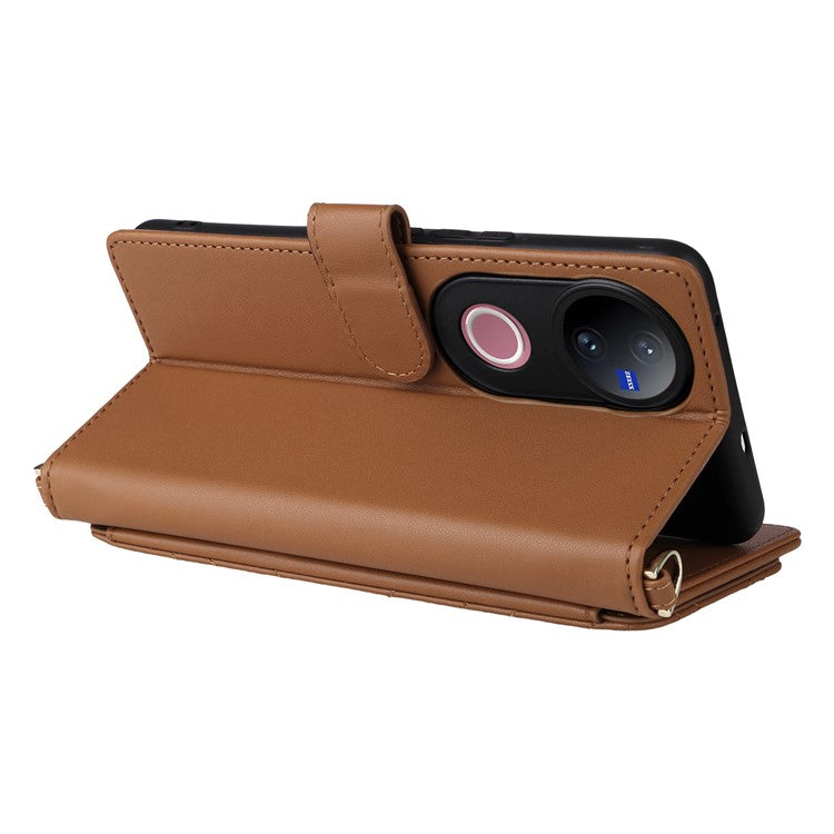 For vivo V50 5G Case with Shoulder Strap Wallet Leather Phone Cover - Brown