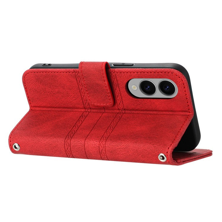 For Samsung Galaxy S25 Edge Case Wallet Skin-Touch Leather Imprinted Phone Cover - Red