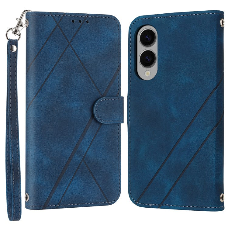 For Samsung Galaxy S25 Edge Case Imprinted Line Leather Phone Cover with Handy Strap - Blue