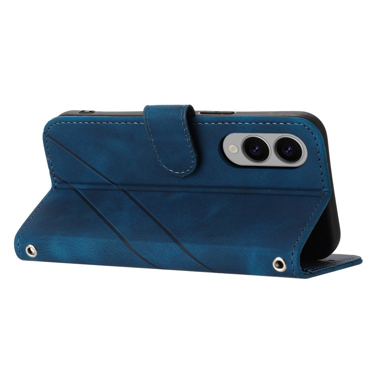 For Samsung Galaxy S25 Edge Case Imprinted Line Leather Phone Cover with Handy Strap - Blue