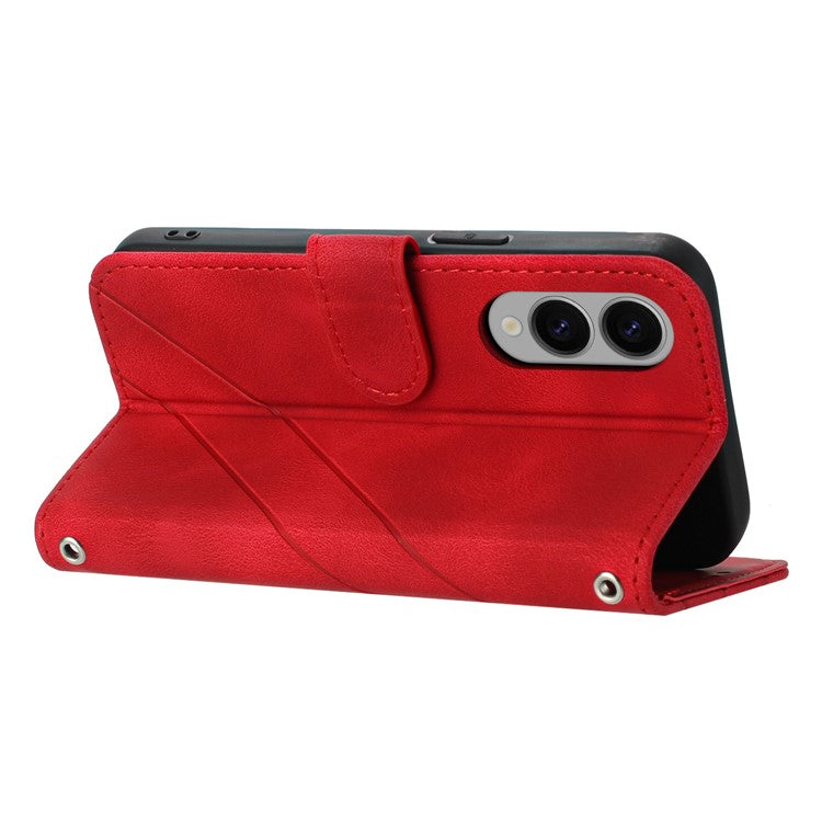 For Samsung Galaxy S25 Edge Case Imprinted Line Leather Phone Cover with Handy Strap - Red