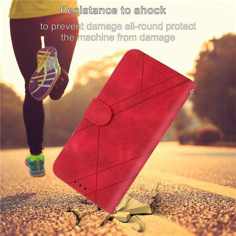 For Samsung Galaxy S25 Edge Case Imprinted Line Leather Phone Cover with Handy Strap - Red
