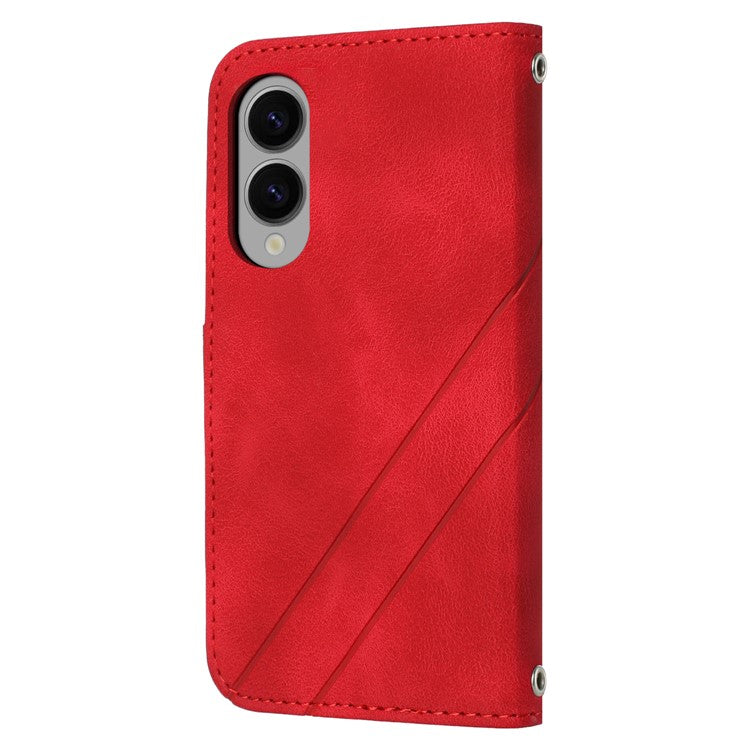 For Samsung Galaxy S25 Edge Case Imprinted Line Leather Phone Cover with Handy Strap - Red