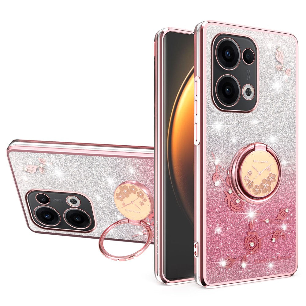 KADEM For Oppo Reno13 5G (Global) Case Ring Kickstand TPU Flowers Phone Cover Gradient Glitter - Rose Gold