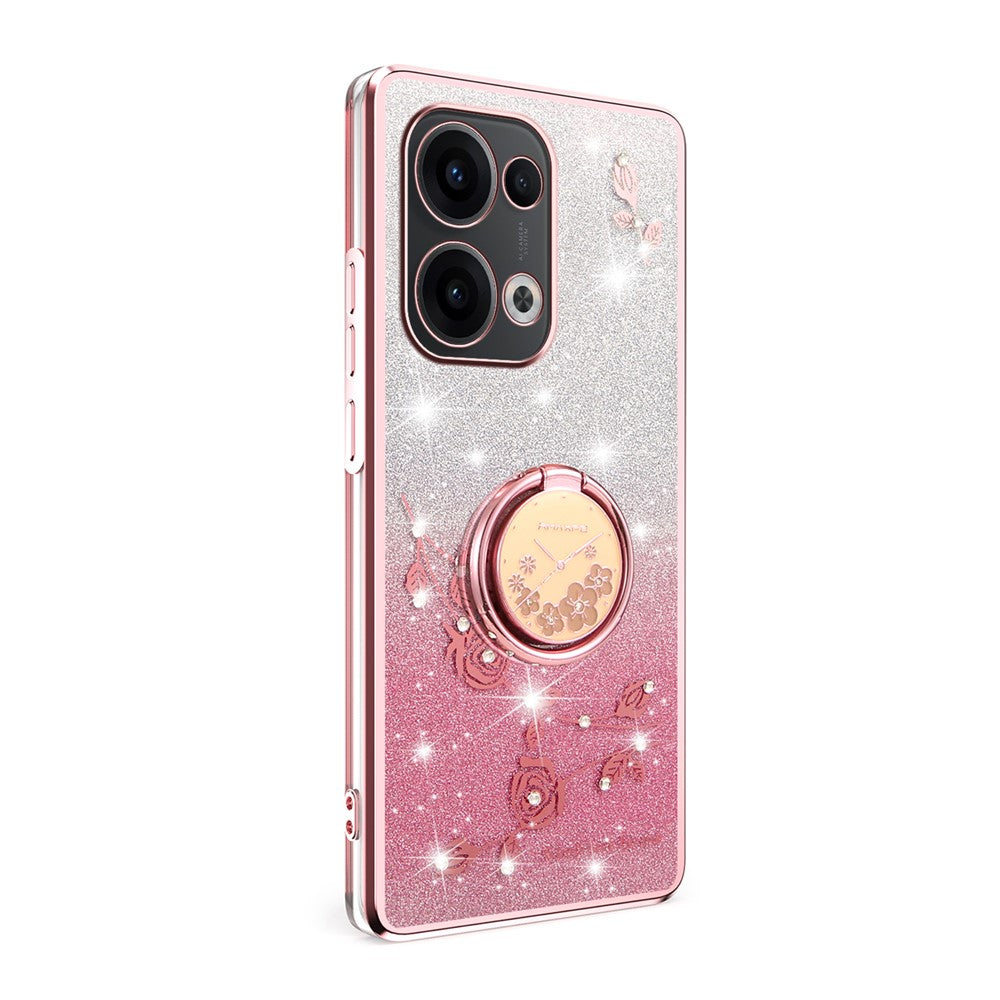 KADEM For Oppo Reno13 5G (Global) Case Ring Kickstand TPU Flowers Phone Cover Gradient Glitter - Rose Gold