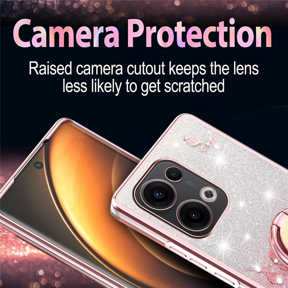 KADEM For Oppo Reno13 5G (Global) Case Ring Kickstand TPU Flowers Phone Cover Gradient Glitter - Rose Gold