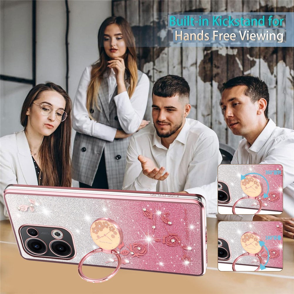 KADEM For Oppo Reno13 5G (Global) Case Ring Kickstand TPU Flowers Phone Cover Gradient Glitter - Rose Gold