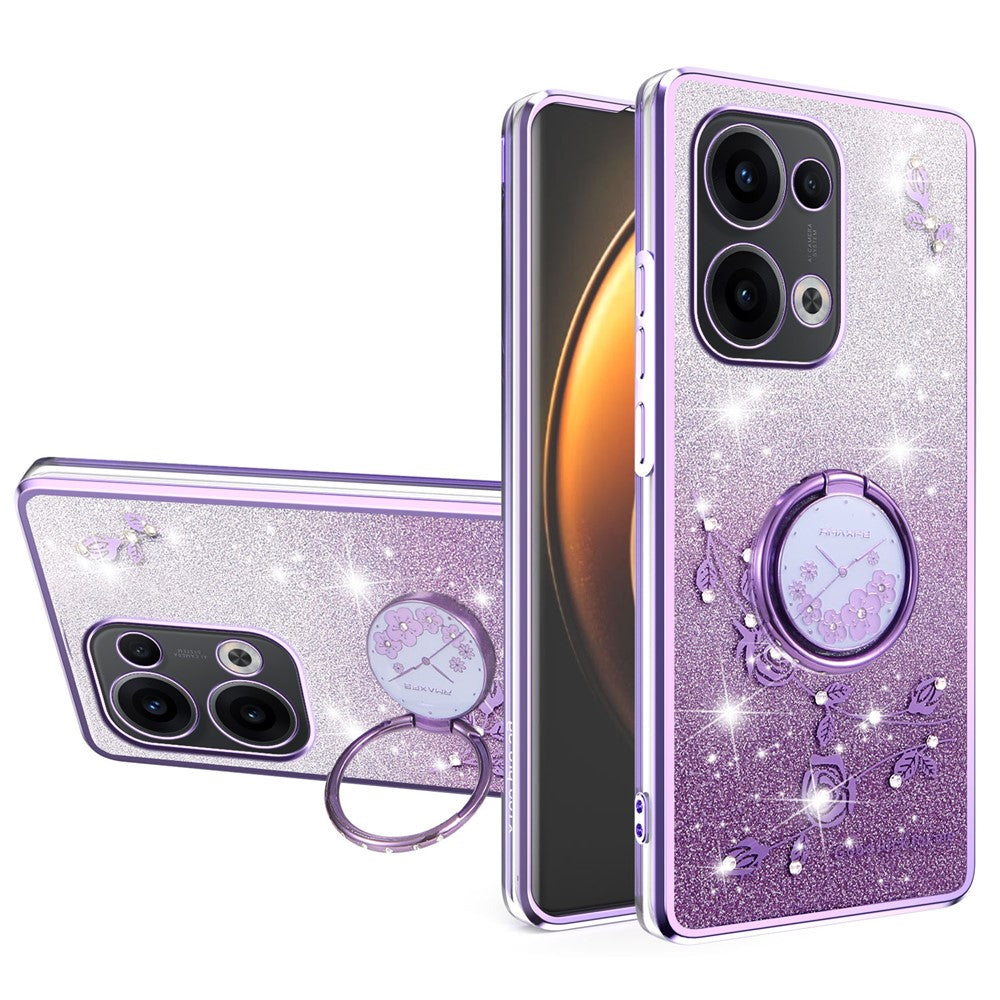 KADEM For Oppo Reno13 5G (Global) Case Ring Kickstand TPU Flowers Phone Cover Gradient Glitter - Purple