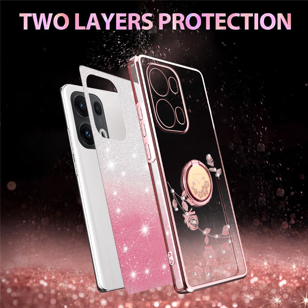 KADEM For Oppo Reno13 Pro 5G Case Ring Kickstand TPU Flowers Phone Cover Gradient Glitter - Rose Gold