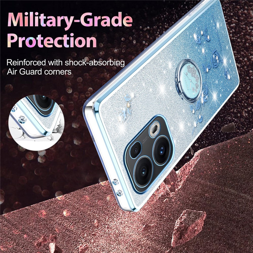 KADEM For Oppo Reno13 Pro 5G Case Ring Kickstand TPU Flowers Phone Cover Gradient Glitter - Blue