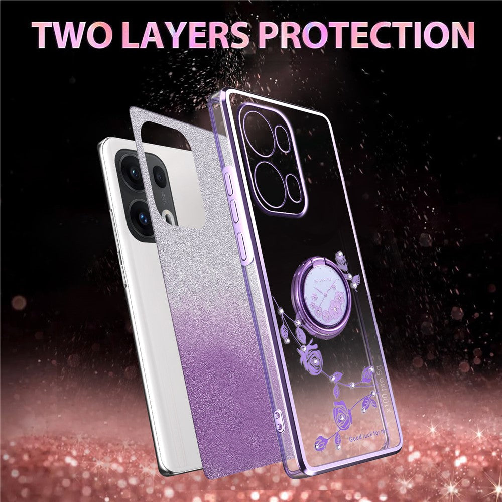 KADEM For Oppo Reno13 Pro 5G Case Ring Kickstand TPU Flowers Phone Cover Gradient Glitter - Purple