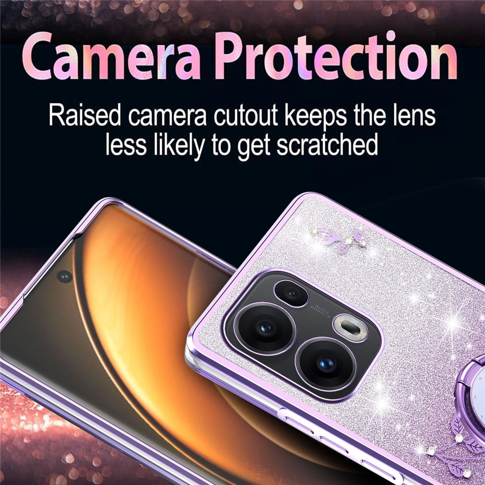 KADEM For Oppo Reno13 Pro 5G Case Ring Kickstand TPU Flowers Phone Cover Gradient Glitter - Purple