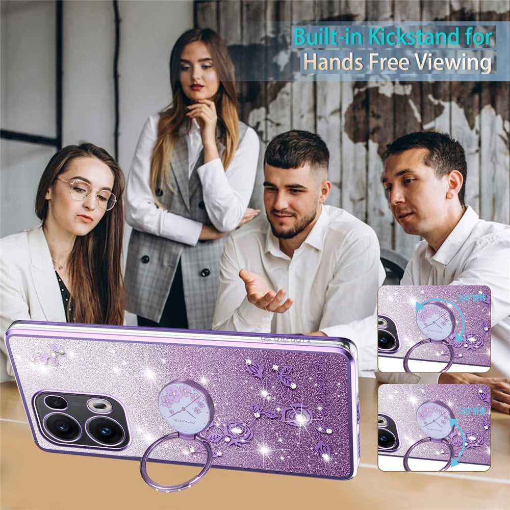 KADEM For Oppo Reno13 Pro 5G Case Ring Kickstand TPU Flowers Phone Cover Gradient Glitter - Purple