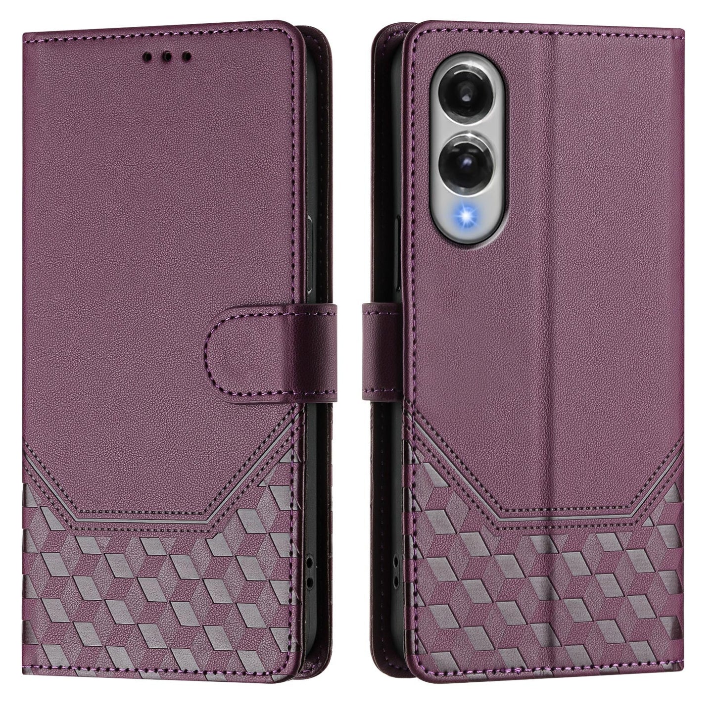 For Samsung Galaxy S25 Edge Case Imprinted Honeycomb RFID Blocking Leather Phone Cover with Strap - Dark Purple