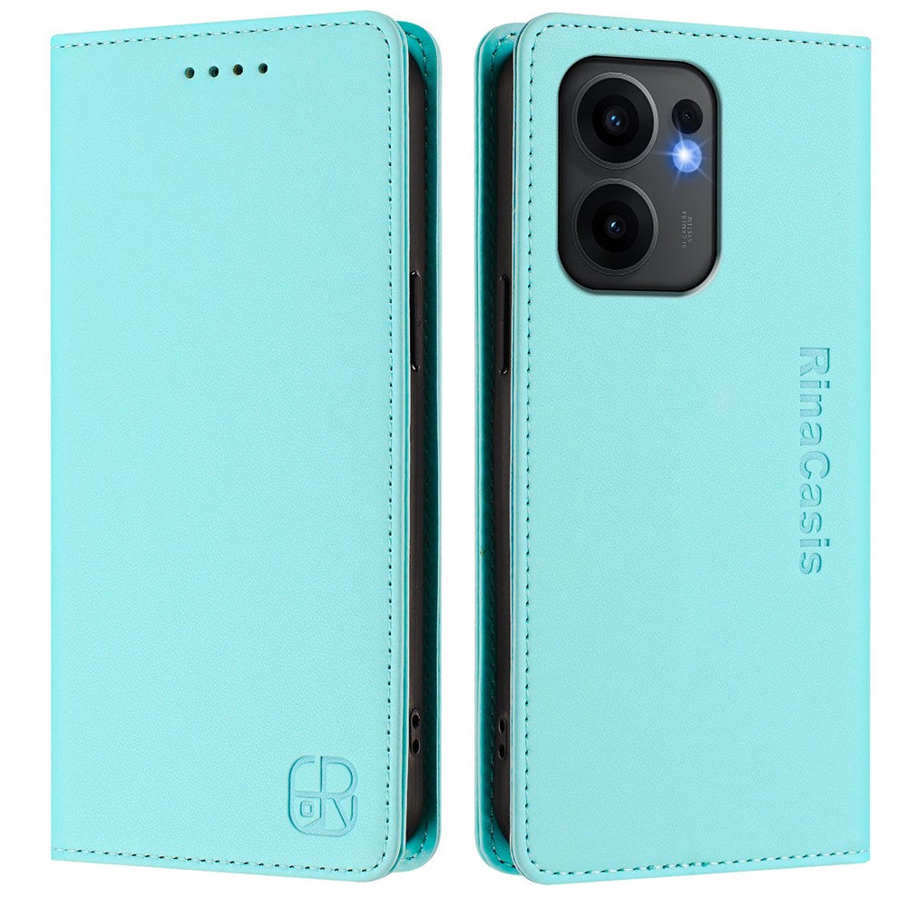 For Oppo Reno13 F 5G Leather Case RINACASIS RC01 Phone Cover with RFID Blocking Wallet Stand - Mint Green