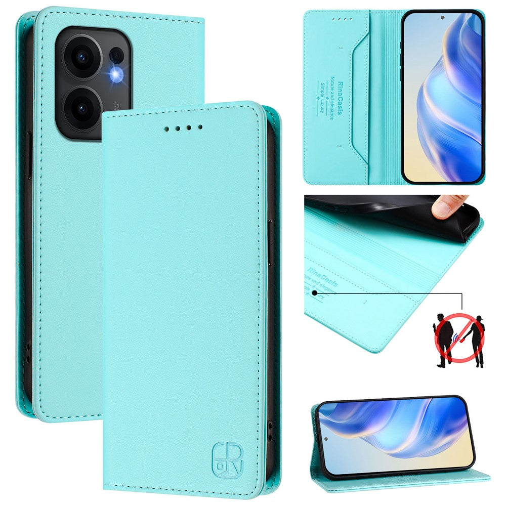 For Oppo Reno13 F 5G Leather Case RINACASIS RC01 Phone Cover with RFID Blocking Wallet Stand - Mint Green