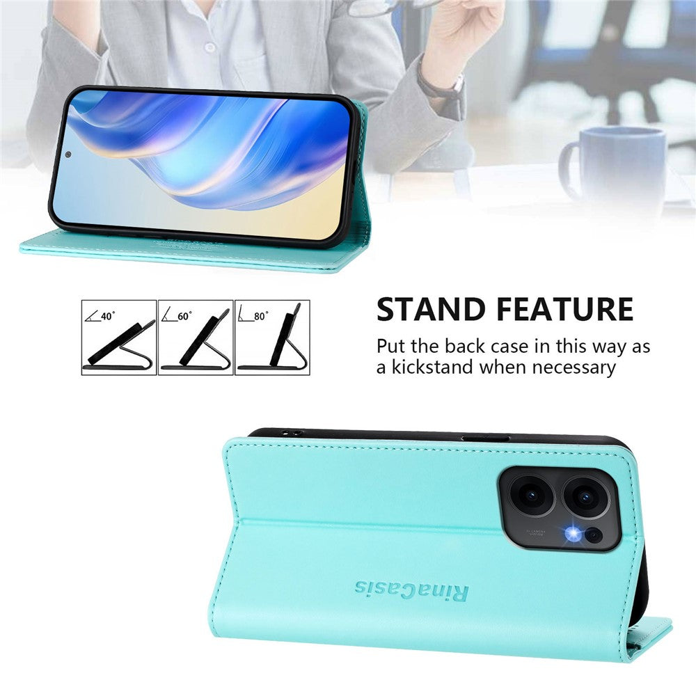 For Oppo Reno13 F 5G Leather Case RINACASIS RC01 Phone Cover with RFID Blocking Wallet Stand - Mint Green