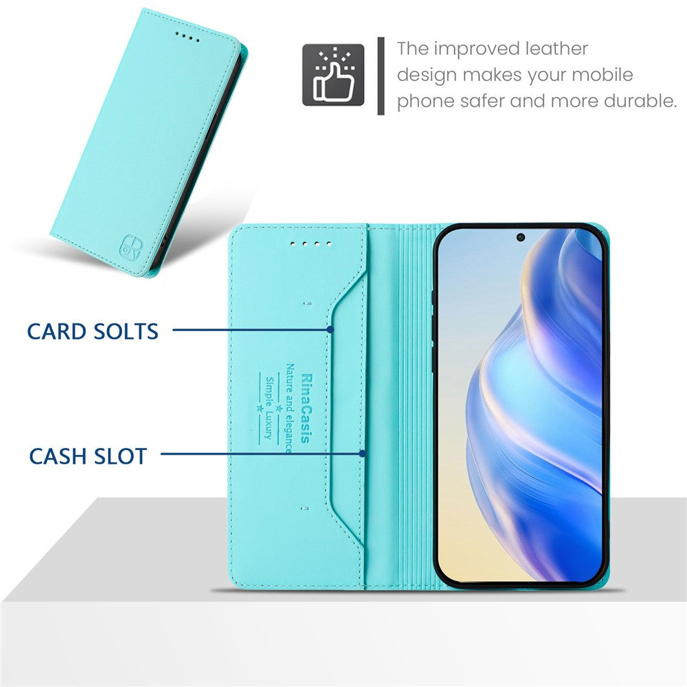 For Oppo Reno13 F 5G Leather Case RINACASIS RC01 Phone Cover with RFID Blocking Wallet Stand - Mint Green