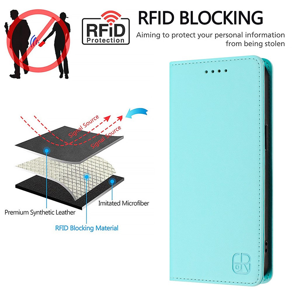 For Oppo Reno13 F 5G Leather Case RINACASIS RC01 Phone Cover with RFID Blocking Wallet Stand - Mint Green