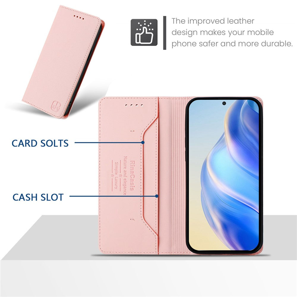 For Oppo Reno13 F 5G Leather Case RINACASIS RC01 Phone Cover with RFID Blocking Wallet Stand - Pink