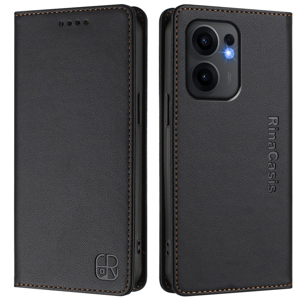 For Oppo Reno13 F 5G Leather Case RINACASIS RC01 Phone Cover with RFID Blocking Wallet Stand - Black