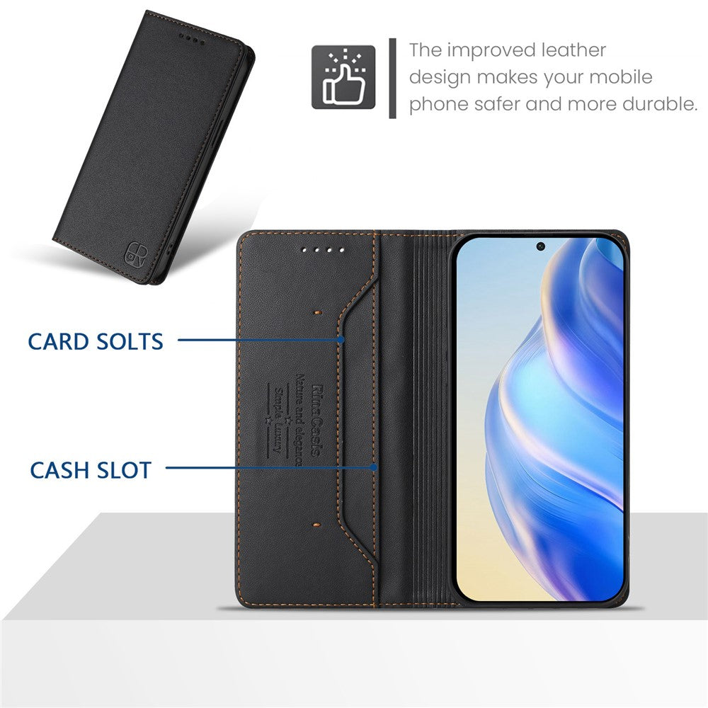 For Oppo Reno13 F 5G Leather Case RINACASIS RC01 Phone Cover with RFID Blocking Wallet Stand - Black