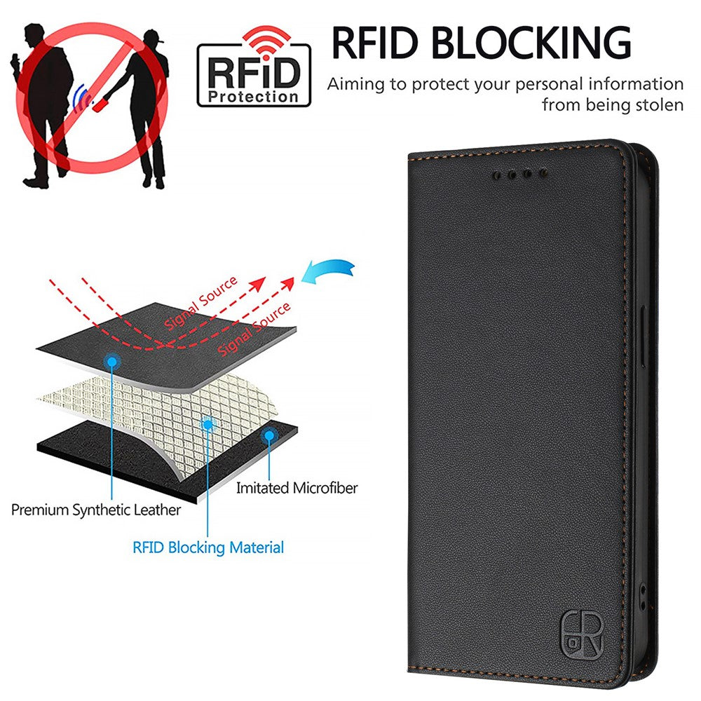 For Oppo Reno13 F 5G Leather Case RINACASIS RC01 Phone Cover with RFID Blocking Wallet Stand - Black