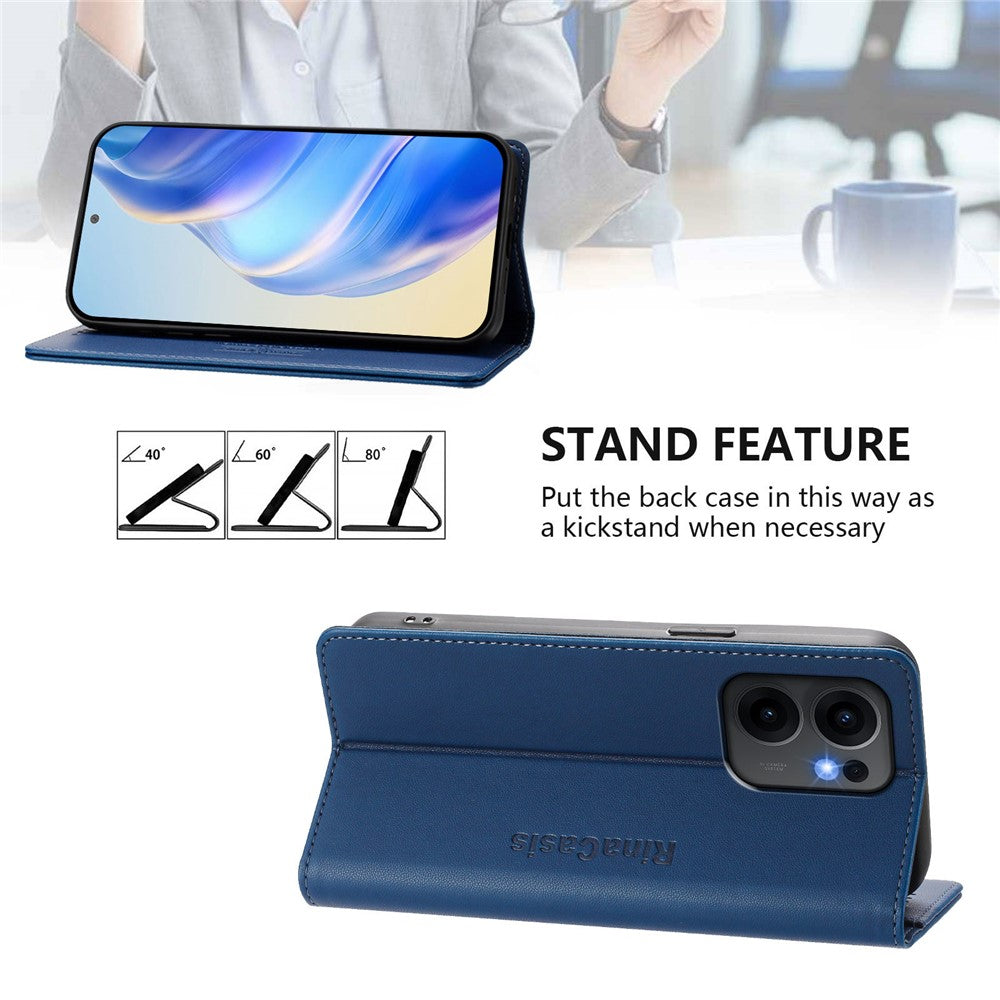For Oppo Reno13 F 5G Leather Case RINACASIS RC01 Phone Cover with RFID Blocking Wallet Stand - Dark Blue
