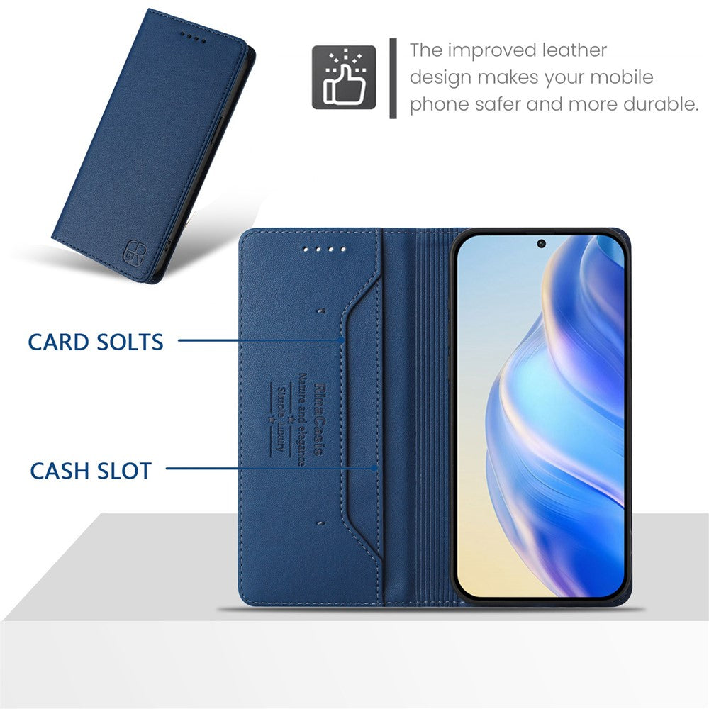 For Oppo Reno13 F 5G Leather Case RINACASIS RC01 Phone Cover with RFID Blocking Wallet Stand - Dark Blue