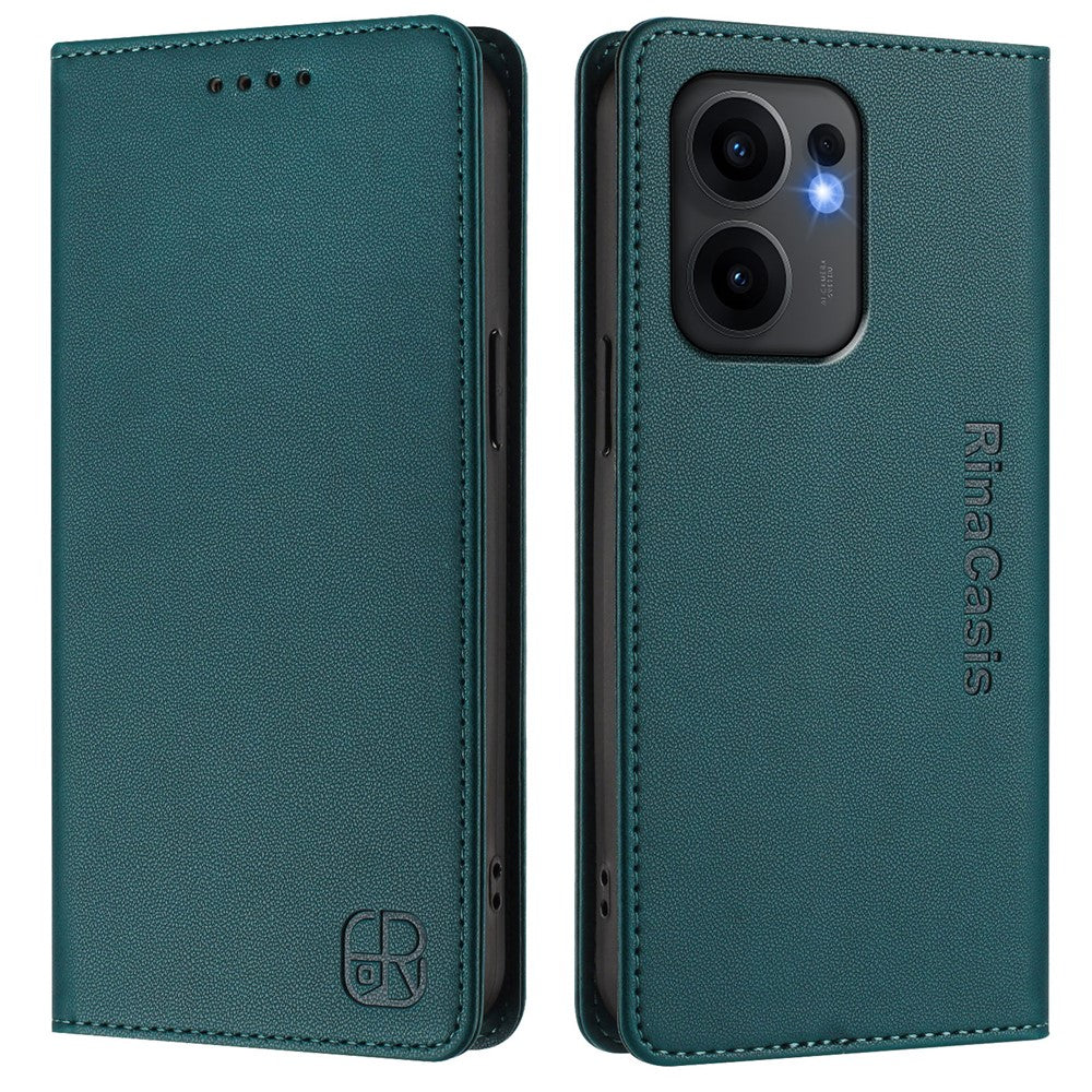 For Oppo Reno13 F 5G Leather Case RINACASIS RC01 Phone Cover with RFID Blocking Wallet Stand - Dark Green