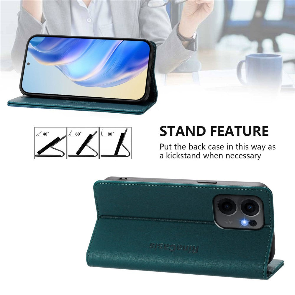 For Oppo Reno13 F 5G Leather Case RINACASIS RC01 Phone Cover with RFID Blocking Wallet Stand - Dark Green