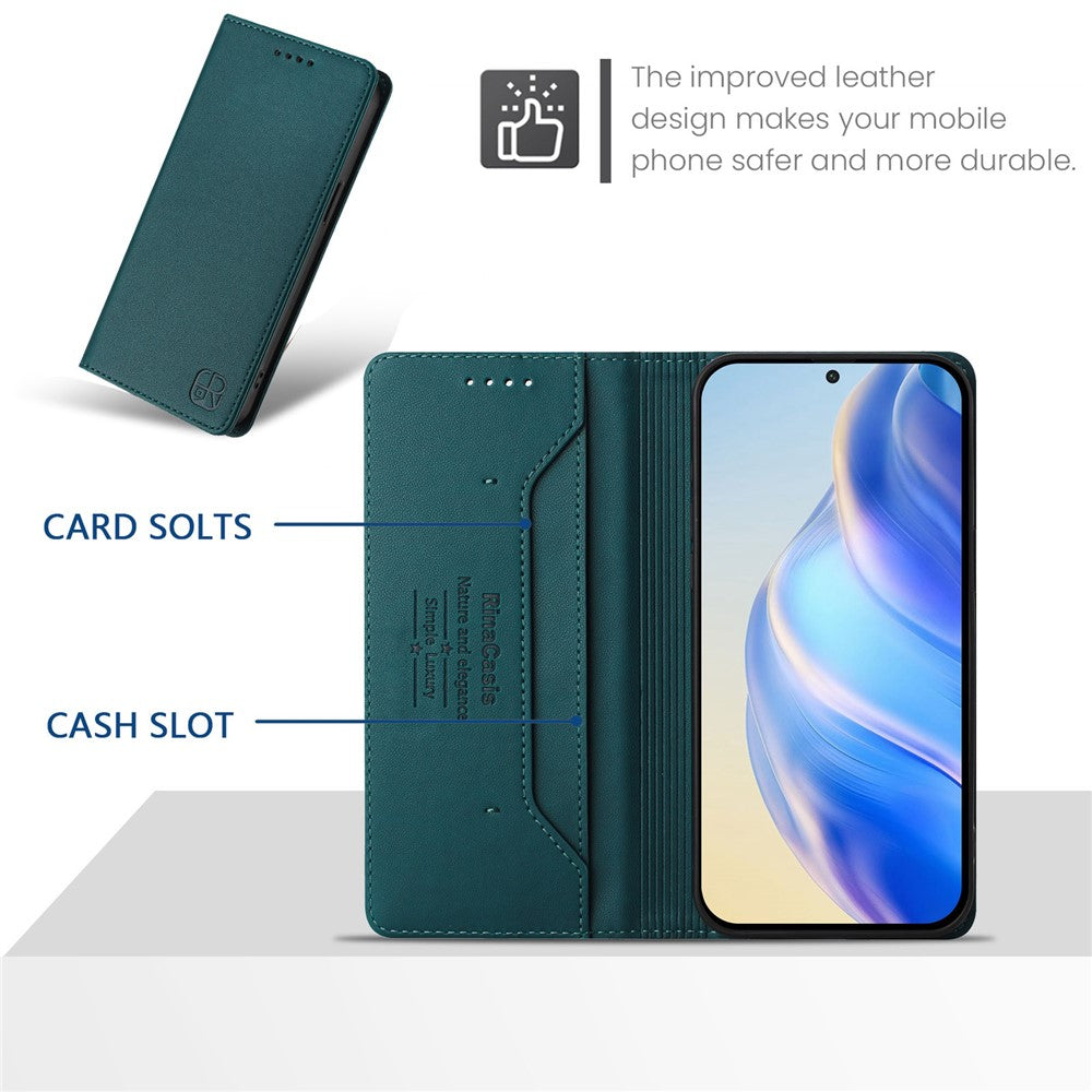For Oppo Reno13 F 5G Leather Case RINACASIS RC01 Phone Cover with RFID Blocking Wallet Stand - Dark Green