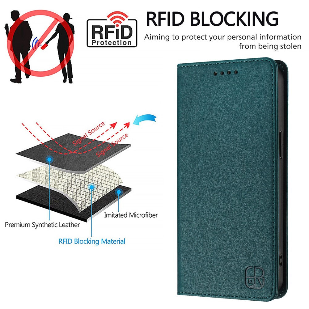 For Oppo Reno13 F 5G Leather Case RINACASIS RC01 Phone Cover with RFID Blocking Wallet Stand - Dark Green