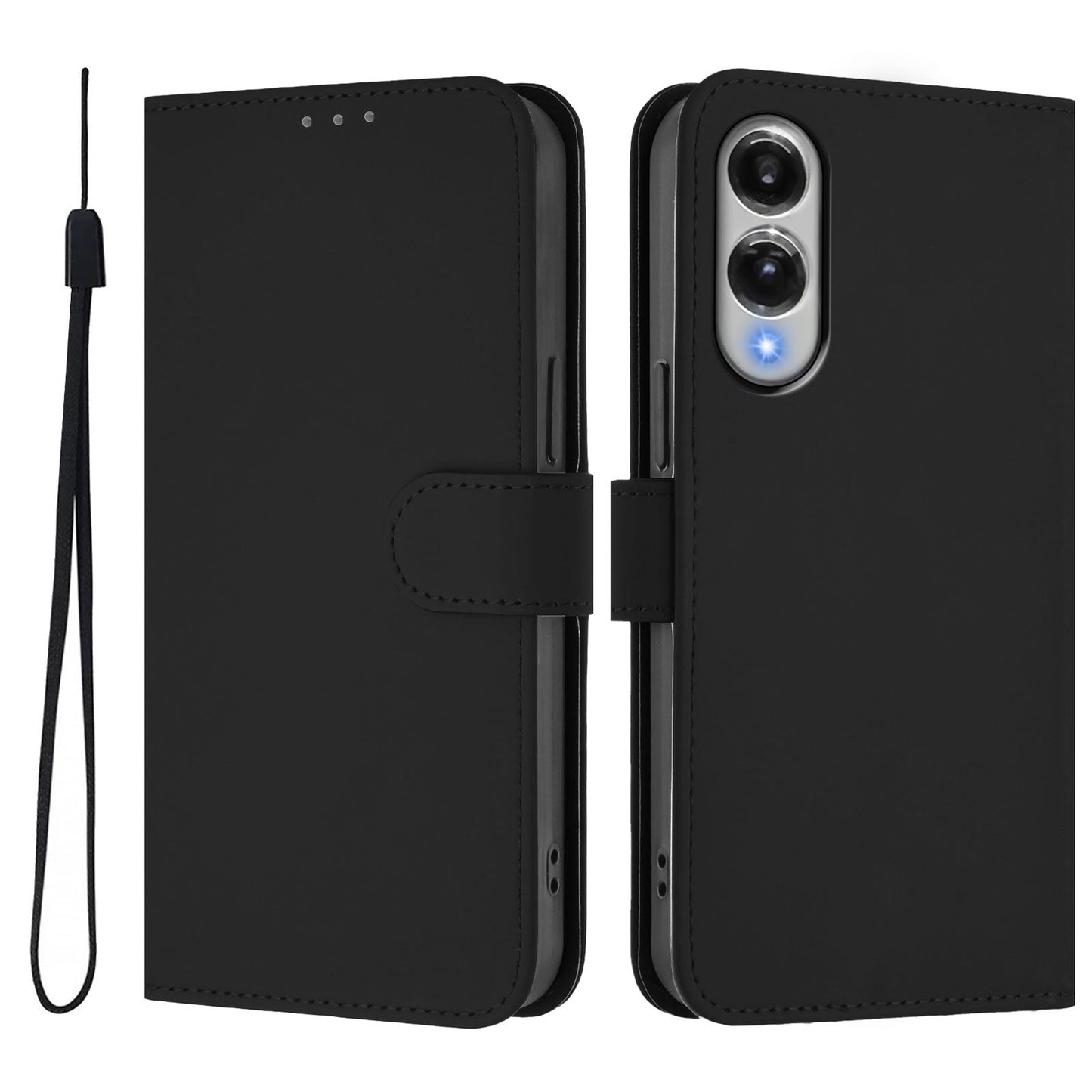 For Samsung Galaxy S25 Edge Case Solid Color Wallet Leather Phone Cover with Strap - Black