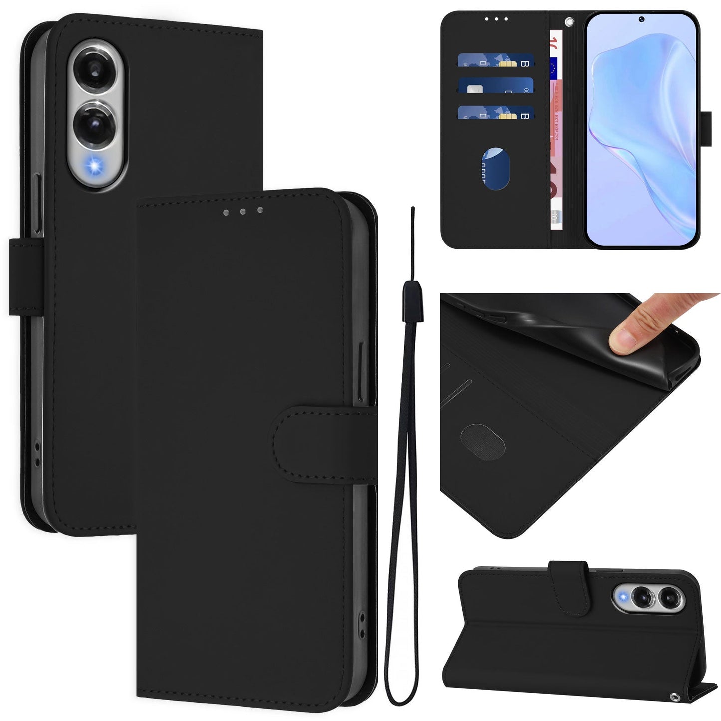 For Samsung Galaxy S25 Edge Case Solid Color Wallet Leather Phone Cover with Strap - Black
