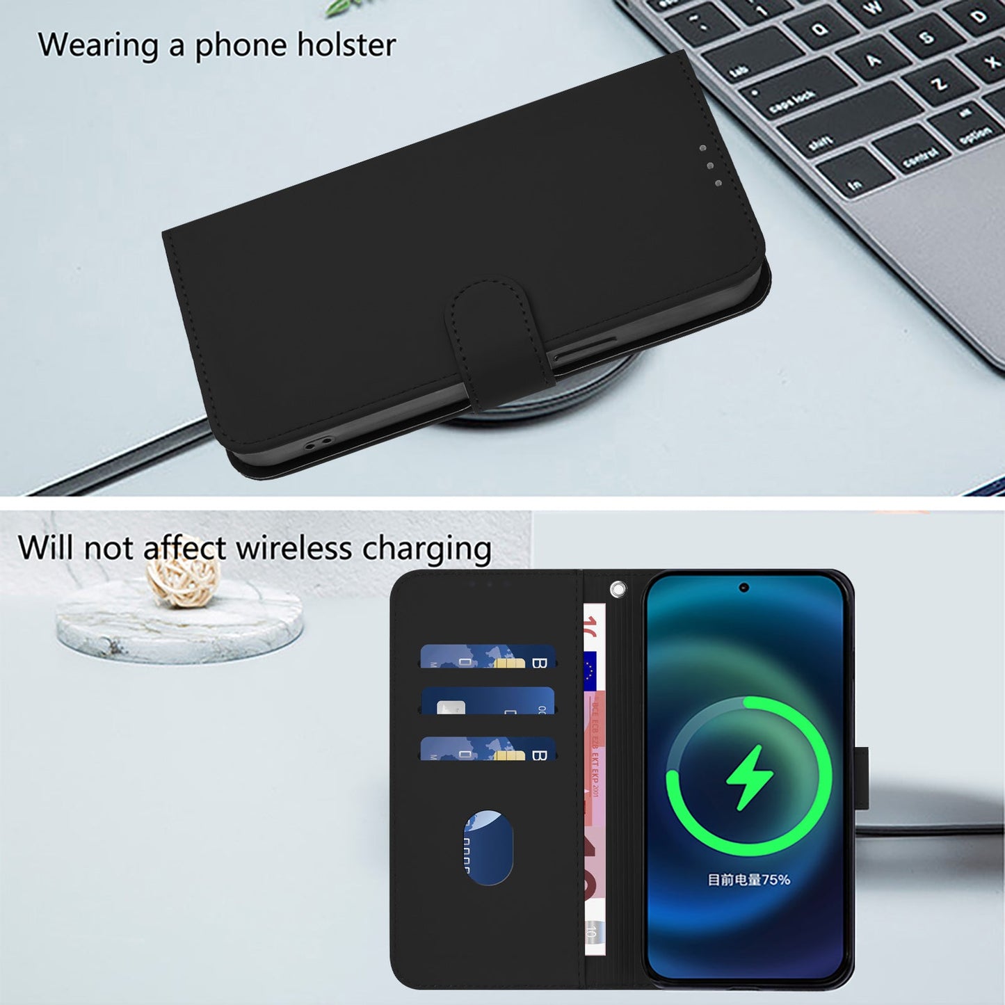 For Samsung Galaxy S25 Edge Case Solid Color Wallet Leather Phone Cover with Strap - Black