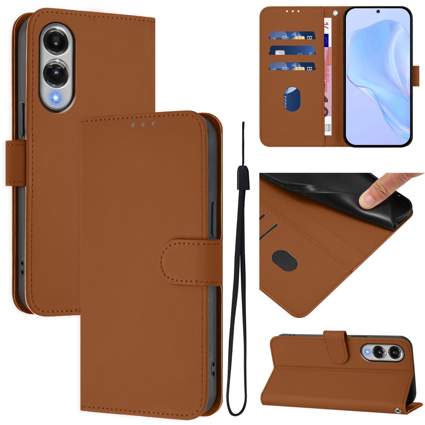 For Samsung Galaxy S25 Edge Case Solid Color Wallet Leather Phone Cover with Strap - Brown