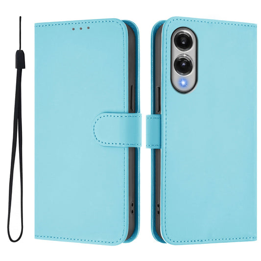 For Samsung Galaxy S25 Edge Case Solid Color Wallet Leather Phone Cover with Strap - Sky Blue